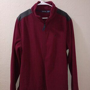 Nautica Burgundy Full Zip Fleece Jacket Mens Large Red Mock Neck Casual Sweater